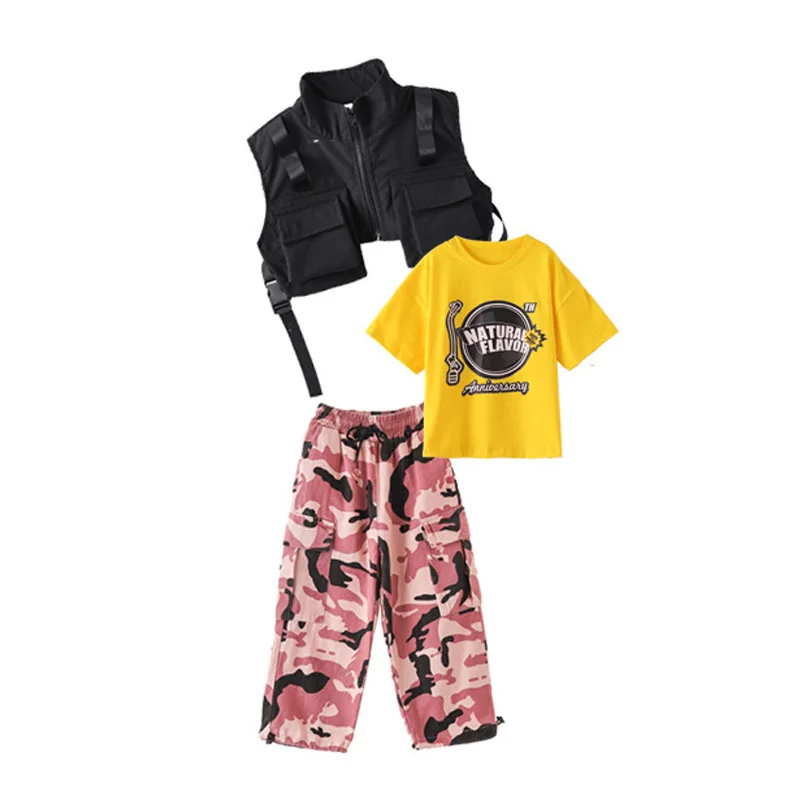 Criança legal hip hop roupas preto carga colete topo rosa camuflagem casual rua calças de carga para menina menino jazz dança traje roupas