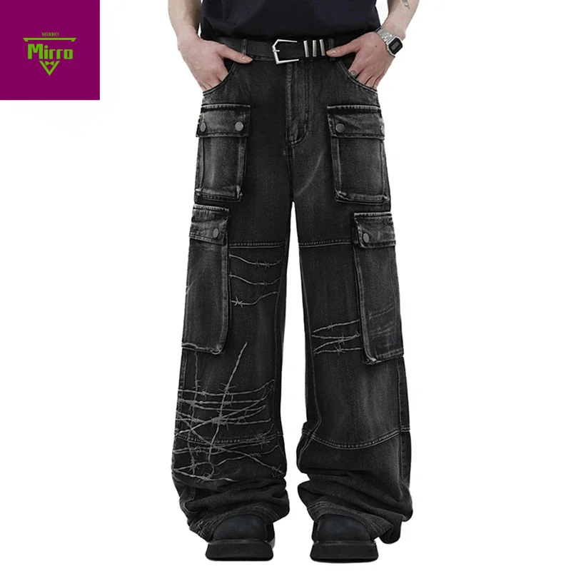 Loose Wide Leg Denim Pants Men Black Baggy Jeans Embroidery Multi Pocket Oversized Cargo Jeans Hip Hop Streetwear Man Jeans