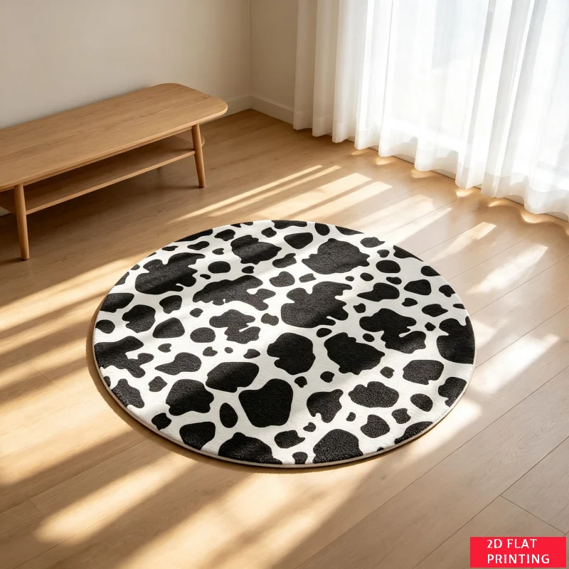 Modern Black White Cowhide Spot Round Carpet For Contemporary Minimalist Home Floor With Monochrome Abstract Look