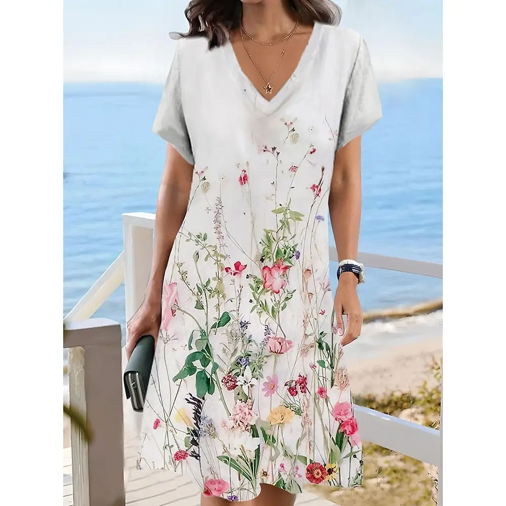 Women's Casual Print V-neck Short Sleeve Dress Fashion Street Clothing Loose 3D Floral A-Line Dress Ladies Spring Summer Dresses