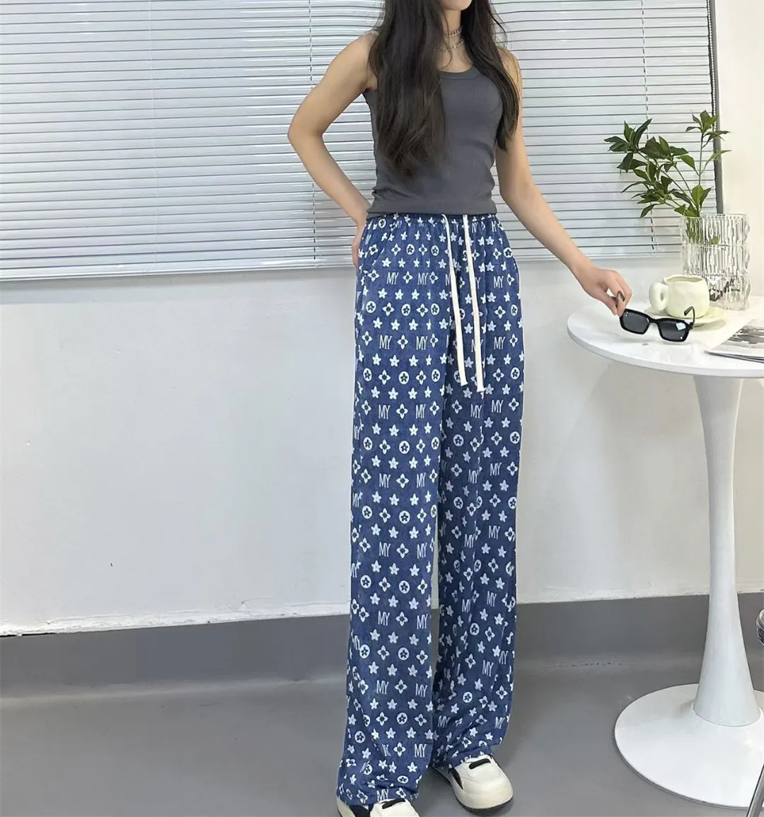 

Новые модные повседневные брюки с высокой талией и принтом, свободный крой, прямые брюки длиной до пола с завязками на талии для женщин, 7 цветов