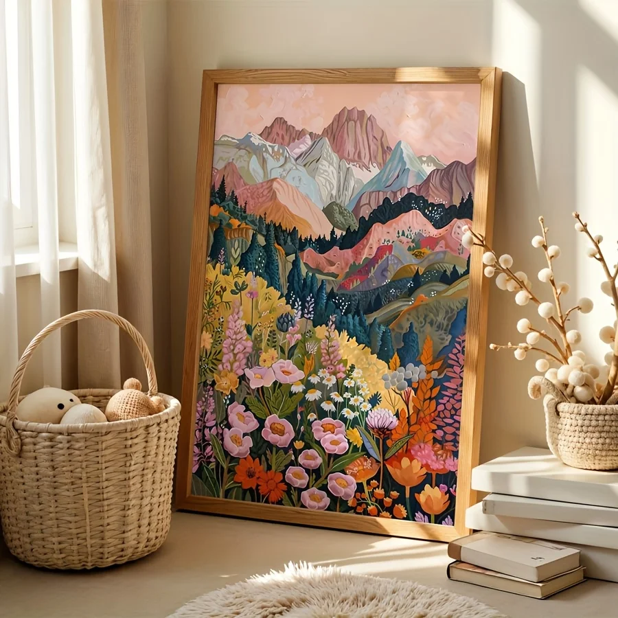 Vibrant Abstract Mountain & Wildflower Landscape Canvas Art Print Ink on Canvas Boho-Chic Style Mountain Wall Art Frameless 1PCS