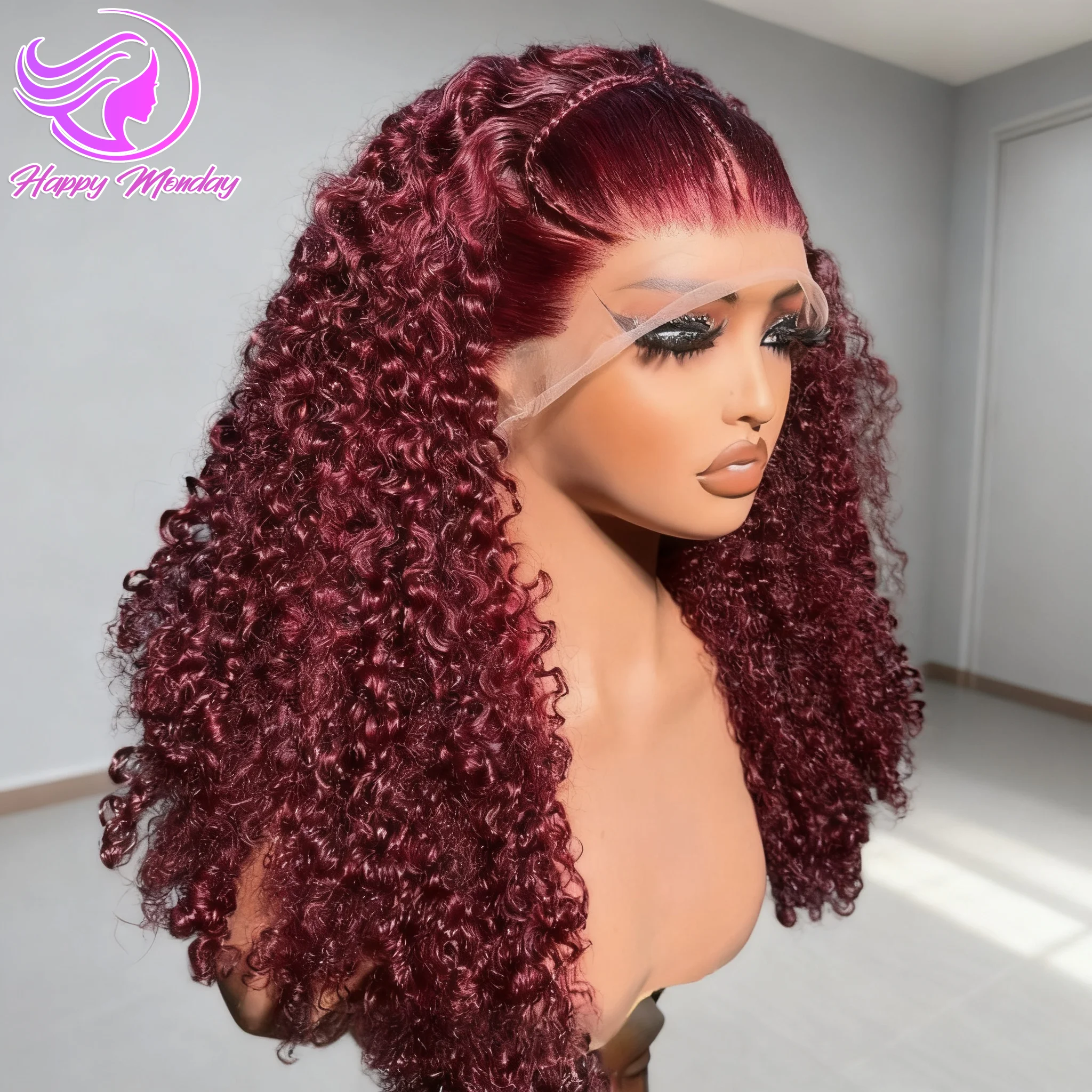 #99J Deep Wave Short Bob Wigs 13x4 Preplucked Lace Front Wigs Water Wave Lace Frontal Wig Human Hair Burgundy Red Kinky Curly Bob Wig HD Transparent Lace Front Human Hair Wigs 250% Density Wigs For Women