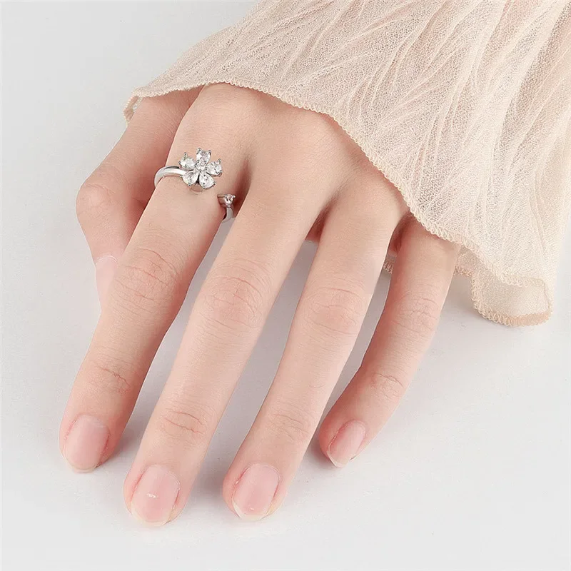 New Turnable Rotating White Zircon Flower Open Rings for Women Windmill Decompression Adjustable Anxiety Relief Stress Ring