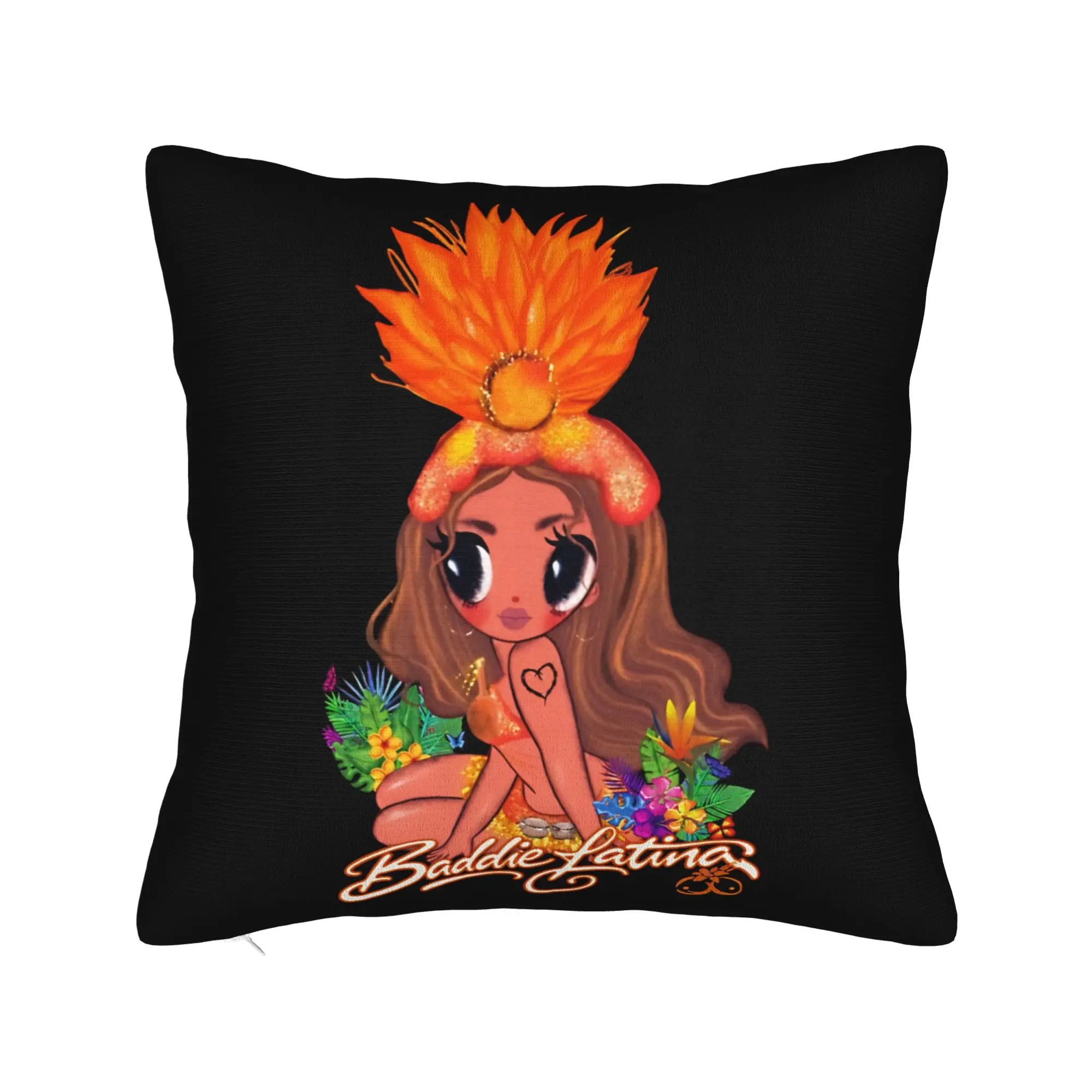 Karol G Chibi Girl Orange Samba Feather Headdress Tropical Flowers Pillow Cover Pillow Case For Wedding Party Pillowcases Gift