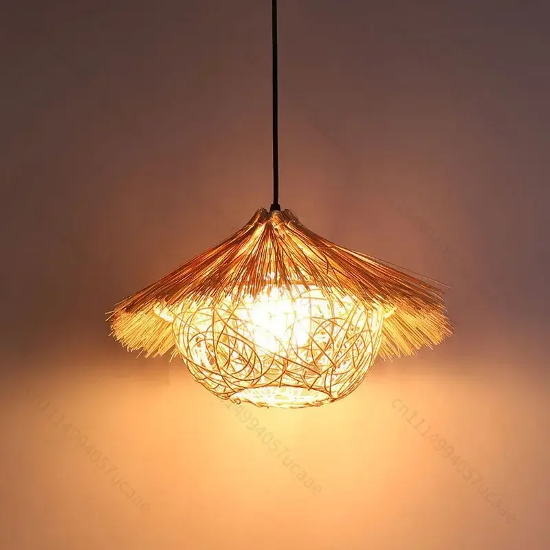 Bamboo Weaving Chandelier rattan weaving straw hat pendant light Dining Room Kitchen Island Handmade Vintage pendant Lamp