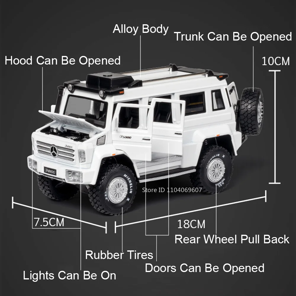 1:28 UNIMOG RV U5000 モデル玩具 ミニカー 合金ダイキャスト オフロード車 サウンドライト ドア開閉 プルバック式 飾り 男の子向けギフト