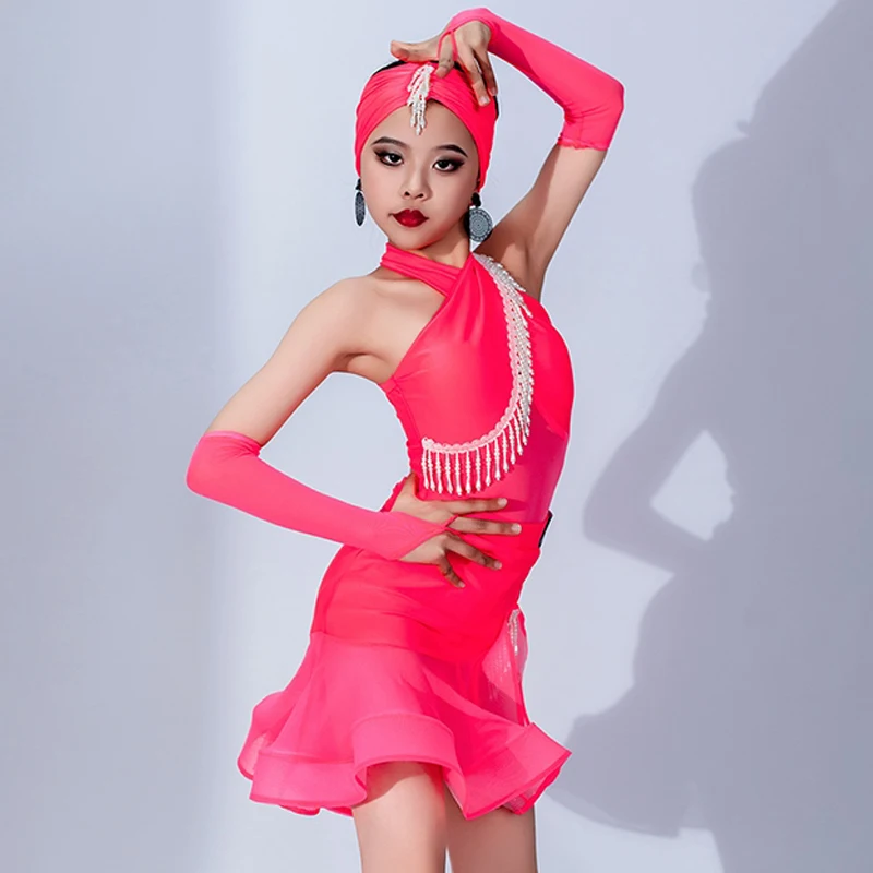 2024 Girls Latin Dance Performance Clothes Pink Dance Costume Set Kids Cha Cha Rumba Ballroom Dance Competition Dress DNV20618