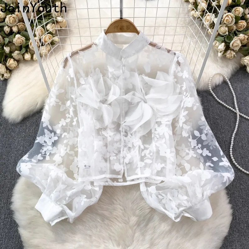 2024 Camisas De Mujer Single Breasted Organza Shirt for Women Stand Neck Lantern Sleeve Crop Tops Vintage See Through Blouses