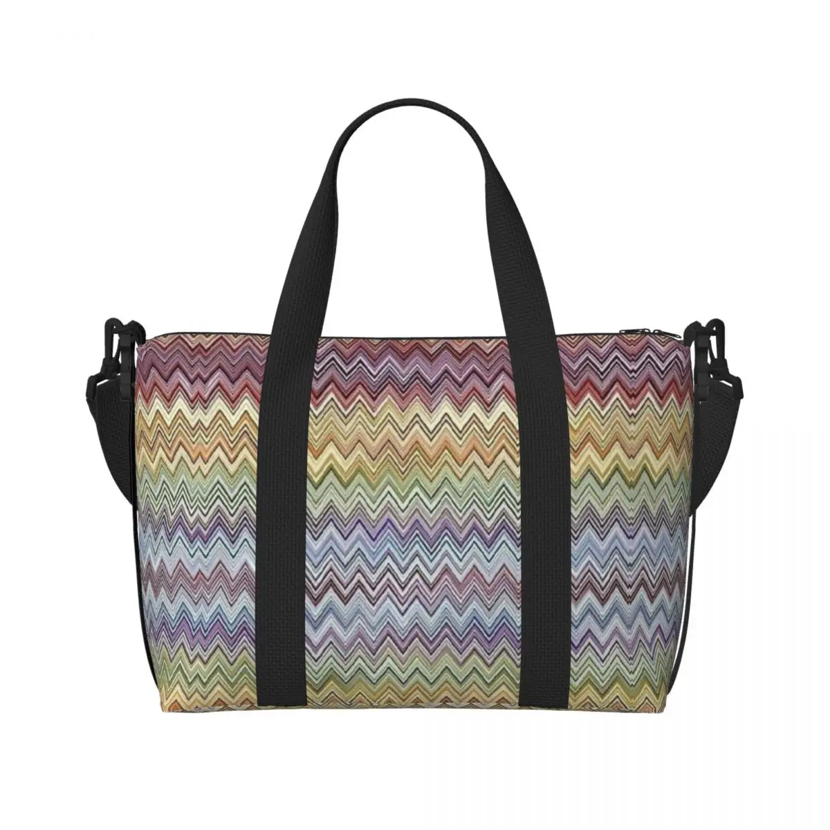 Custom Boho Chic Modern Zigzag Beach Tote Bag Women Geometric Multicolor Large Compartment Beach Gym Travel Bags