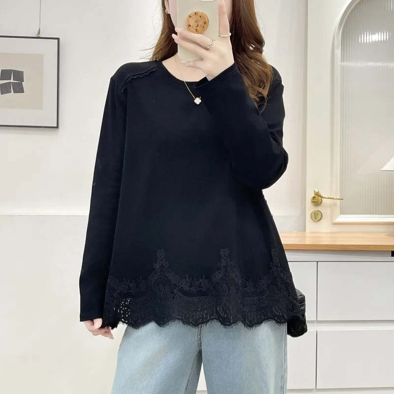 Women Long Sleeve T Shirt Autumn Shoulder Fit Lace Hem Patchwork Loose Slim Undershirt Top For Curvy
