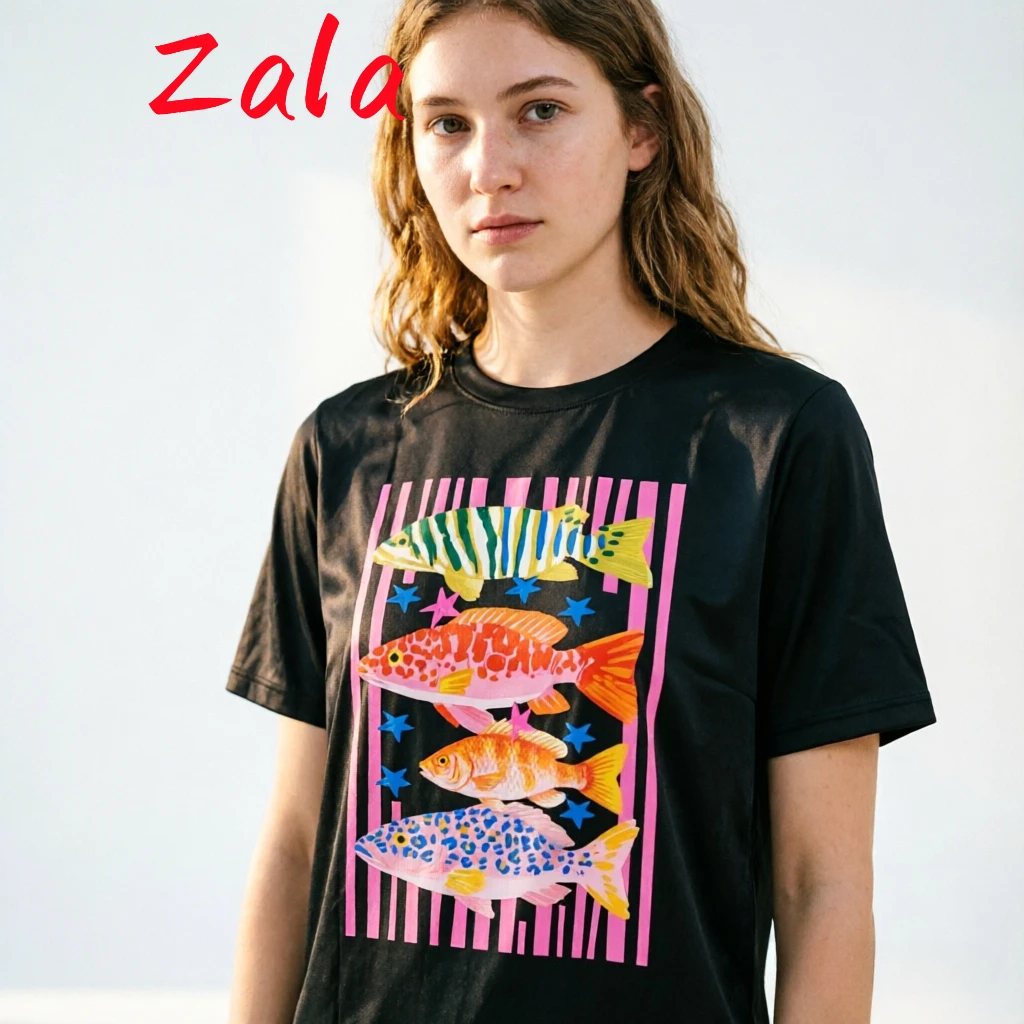 Preppy Fish Printed Tshirt Female Fishing T Shirt Summer Vacation Funny Beach T-shirt Casual Round Neck Women Clothes Tops