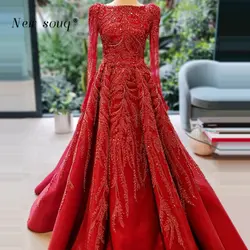 2025 Arabic Muslim A-Line Red Beaded Long Sleeves Evening Dresses Puffy Ruched Middle East Gowns For Women's Party Customized