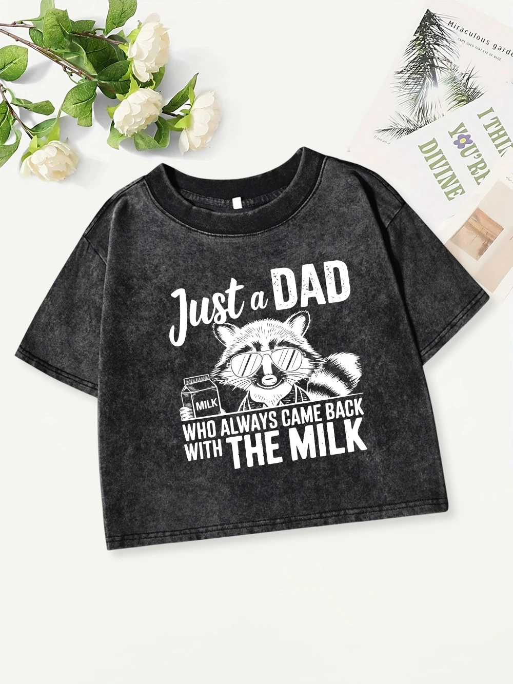 

Y2K Cotton Crop Tops Women Just A Dad With The Milk Printed Washed T-Shirt Casual Regular Fit O-Neck Streetwear Fashion Clothes