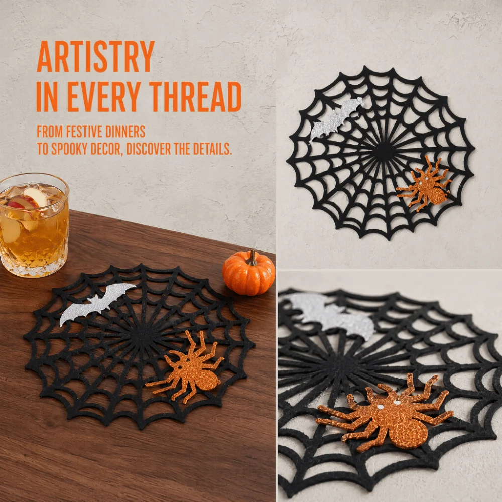 Non-slip Halloween Spider Web Placemat Hollow Out Heat-Insulating Spider Web Coaster Soft Waterproof Felt Cup Mat Dining Table