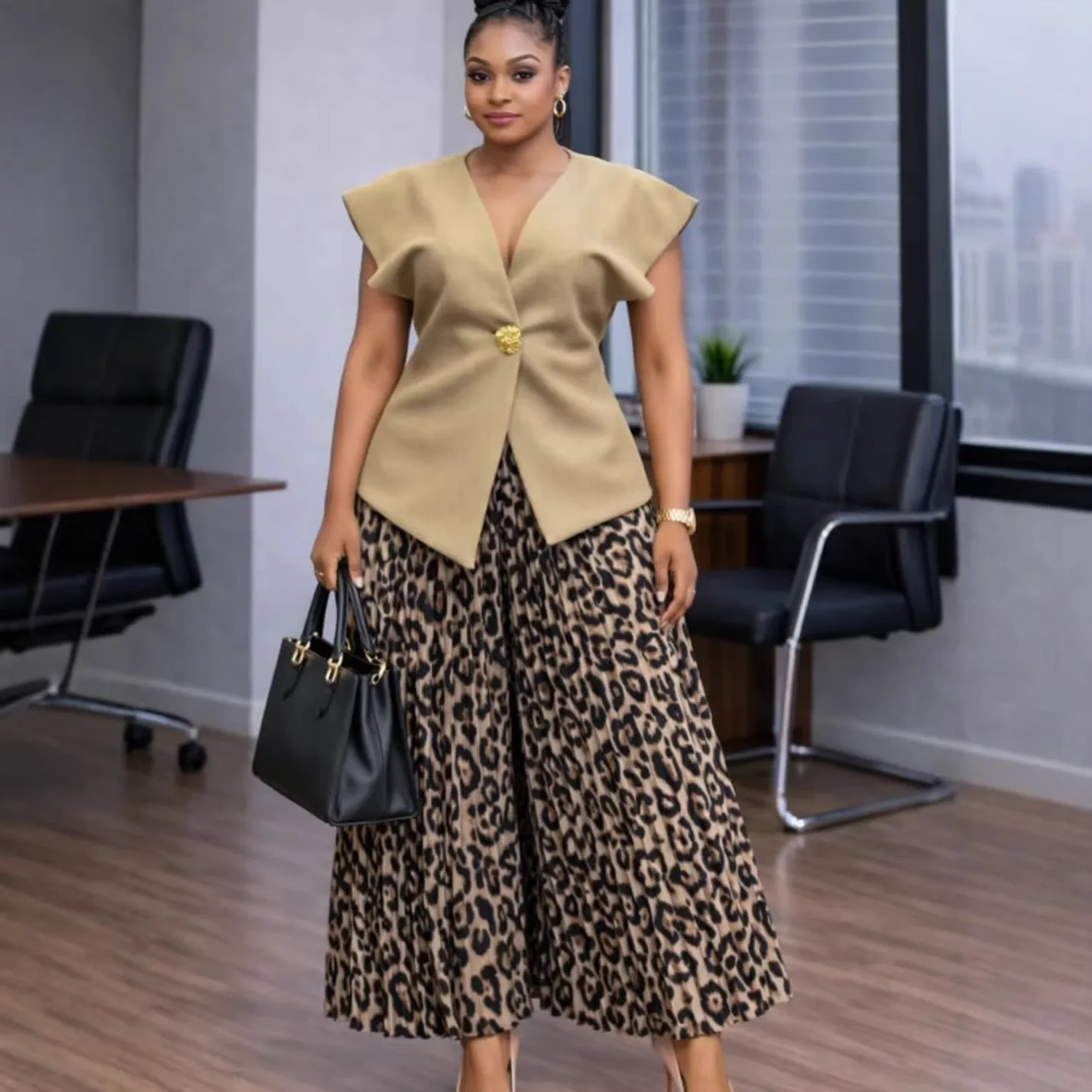 

2 Piece Set Pants Sleeveless V-neck Top Pleated Trousers Women's 2-piece Set Wide Leg Pants Leopard Print Pants Women Sets