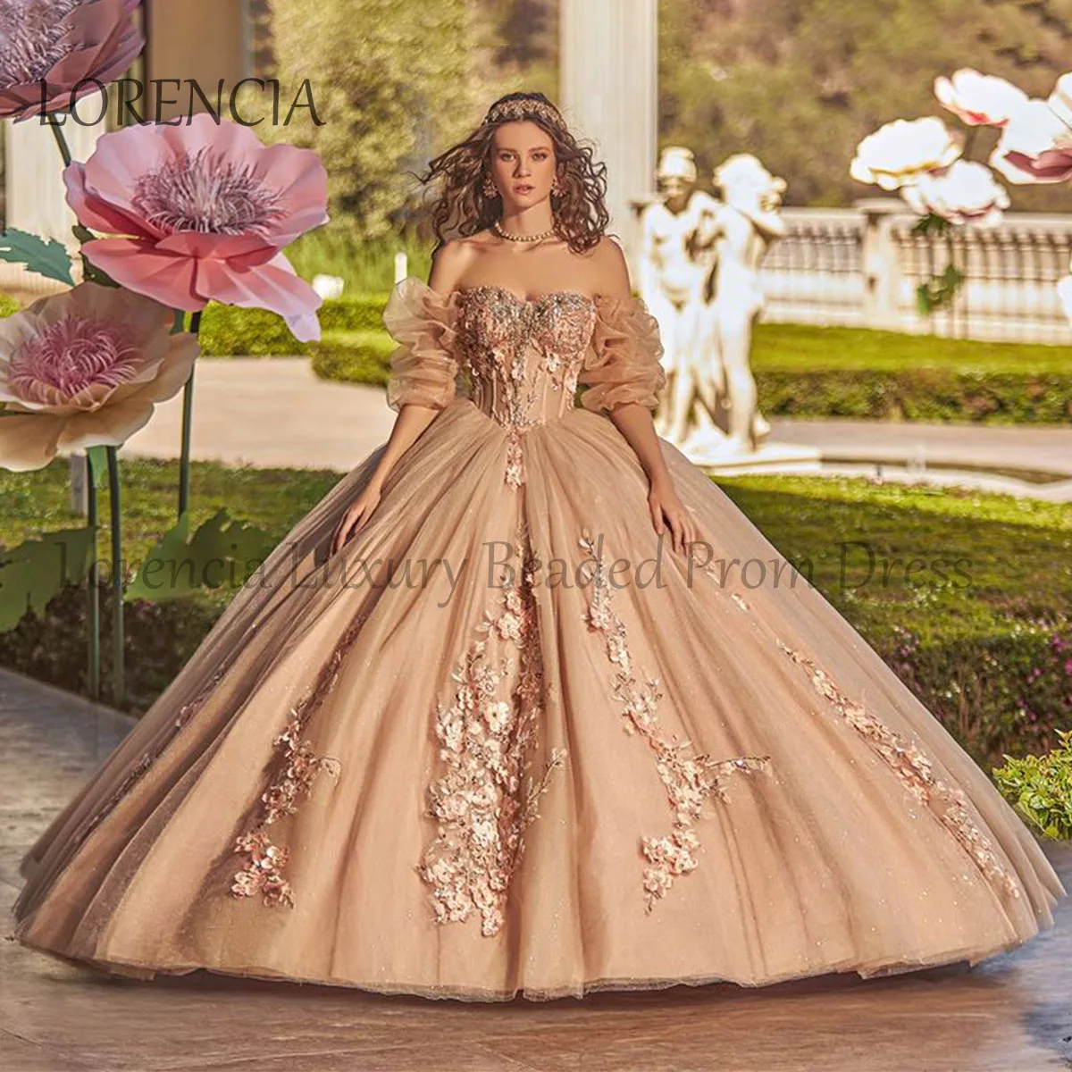 Quincenara-Robe mexicaine à dos ouvert avec perles, appliques de fleurs 3D, fibre de tulle, robe de Rhdouce, 15, 16 ans, 2024