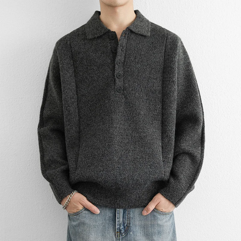 

Men Teenager Trendy Streetwear Autumn Unique Style Shirt Collar Loose Fit Solid Color Knitwear Pullover Men Pullover