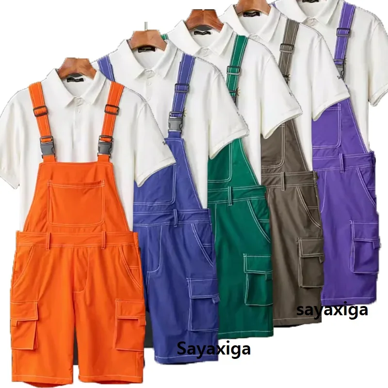 

2024Summer men Bib overalls strap pants candy color multi pockets short suspender rompers women costume joggers Cargo Overalls