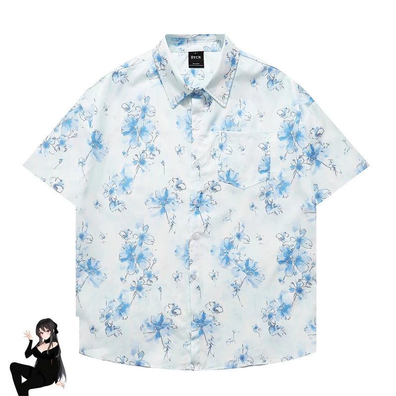 

Light Blue Flower Print Short Shirts Summer Men Women Loose High Quality Thin Hawaii Beach White Clothes Tops Tee