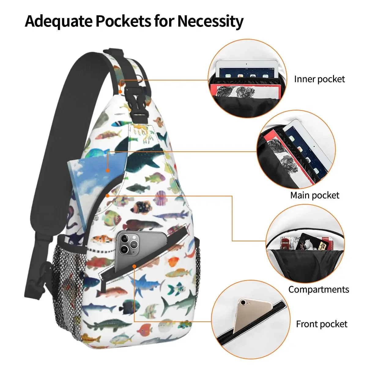 One Hundred Fish Ocean Life Sling Bags Chest Crossbody Shoulder Backpack Outdoor Hiking Daypacks Scuba Diving Cool Bookbag