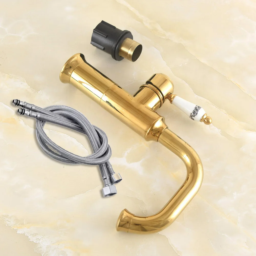 

Смеситель для раковины, золотой латунный смеситель для раковины, смеситель для горячей и холодной воды для ванной комнаты, крепление на палубу, поворотный излив, краны для умывальника Nsf932