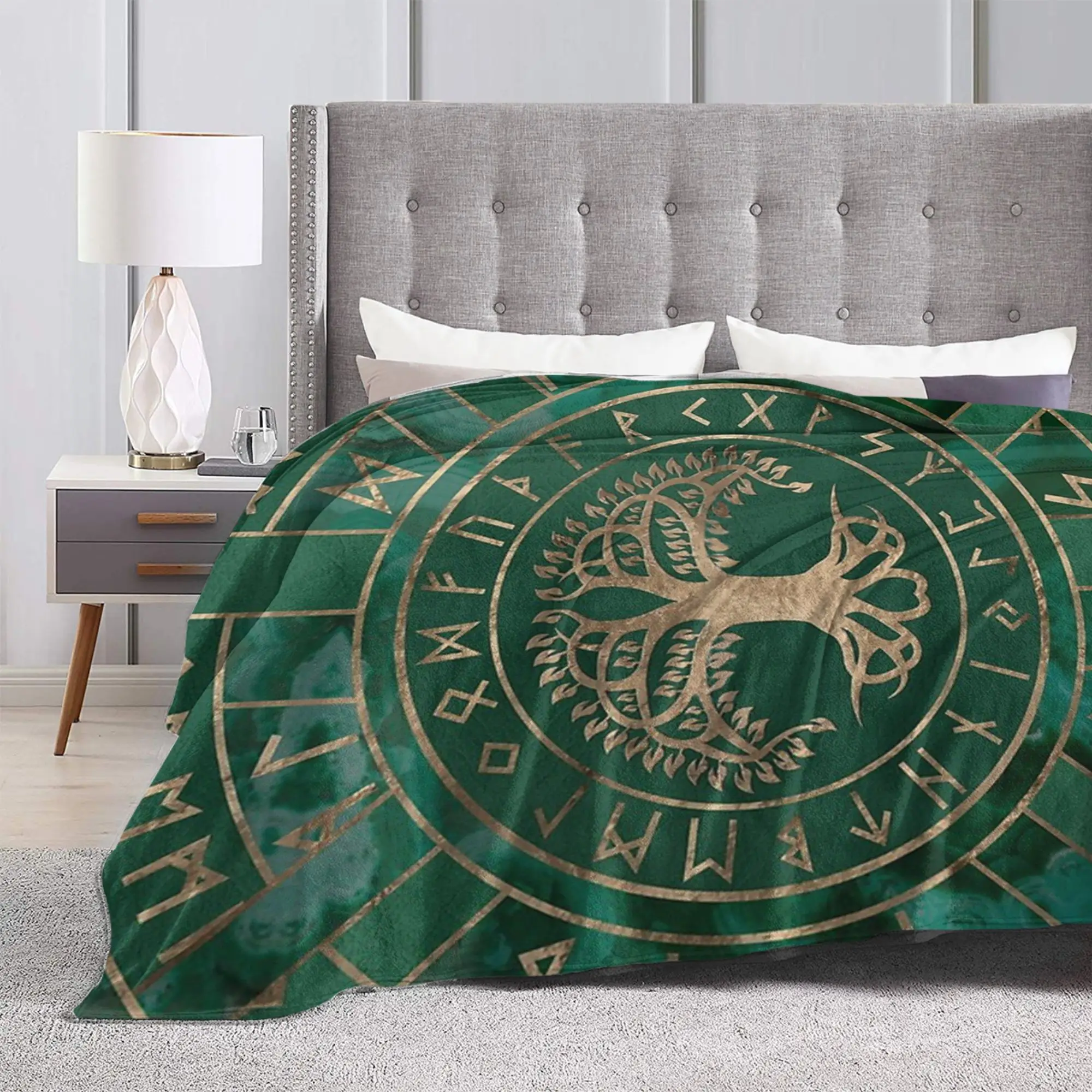 Tree Of Life Yggdrasil and Futhark Malachite Blanket Cover Fleece Vikingg Warm Throw Blankets for Bedding Couch Bed Rug
