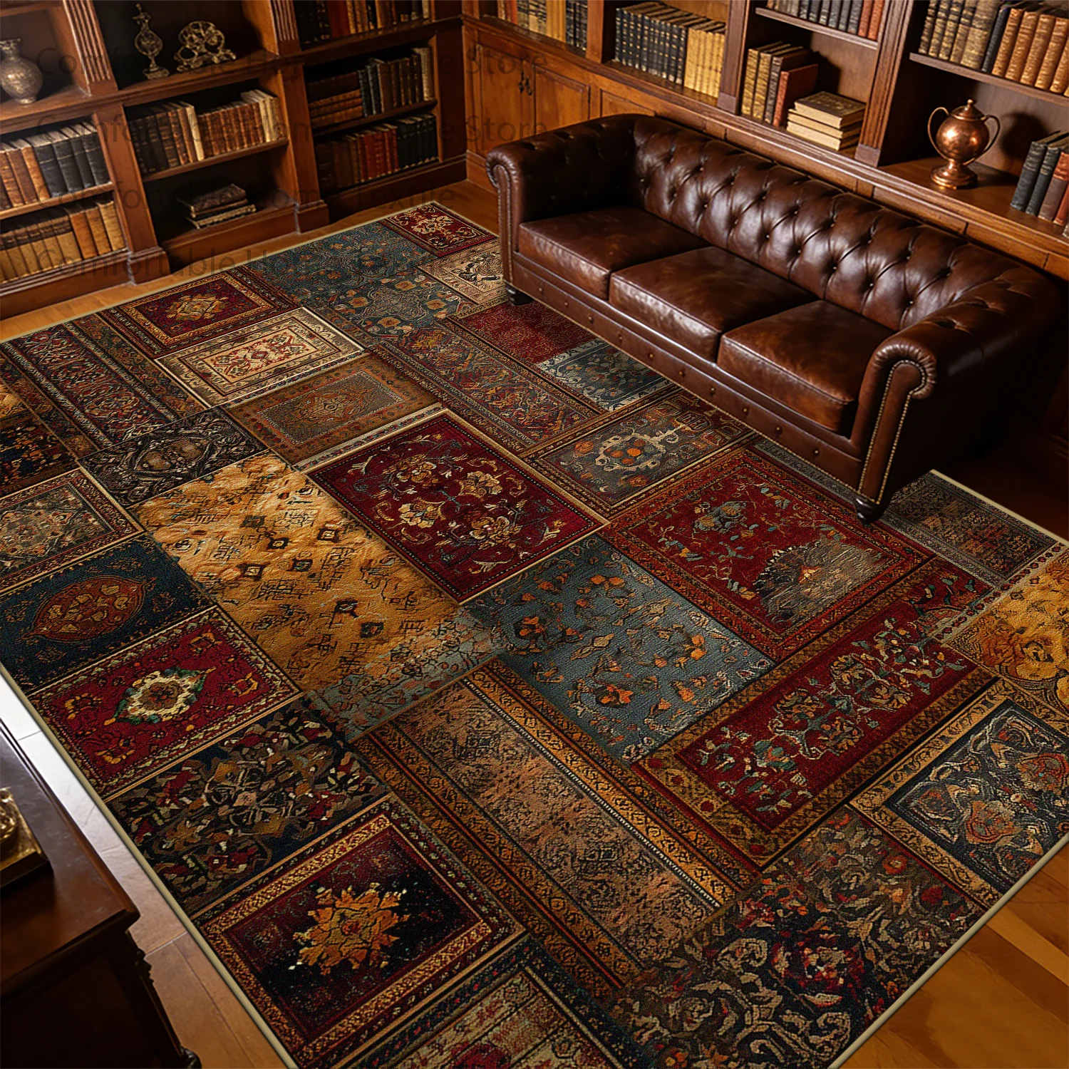Retro Geometric Stitching CARPET FOR BEDROOM Home Decoration Luxury Fluffy Antiskid Rug Washable Short Velvet Large Floor Mats