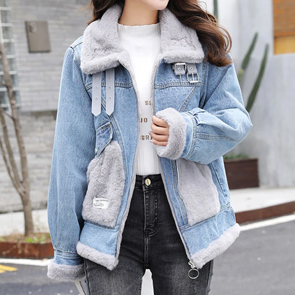

2025 winter new lamb wool plush loose denim jacket women's fashion casual retro versatile wool coat