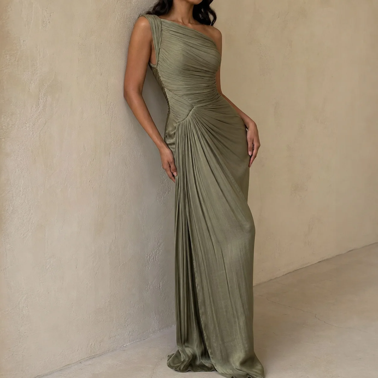 Women's One Shoulder Pleated Evening Gown Slit Train Ruched Waist Bodycon Elegant Wedding Guest Prom Banquet Formal Long Dress