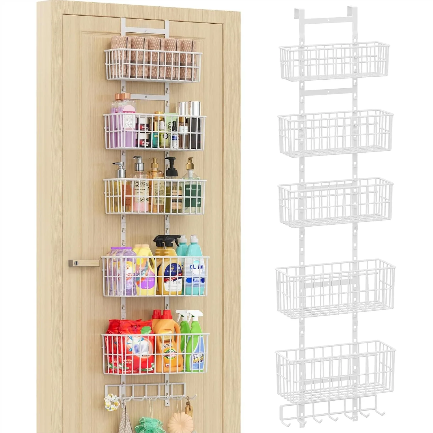 

Over The Door Organizer with 5 Metal Baskets, Hanging Storage for Pantry Closet Bedroom Bathroom Kitchen, White