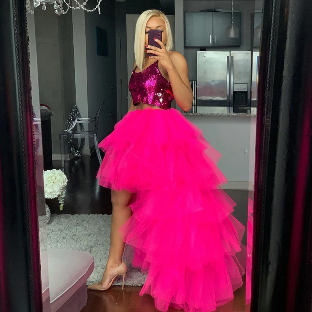 

Chic Women Tutu High Low Tulle Skirt Tiered Ruffles Asymmetrical Prom Gown Party Skirts Saia Faldas Custom Made Maxi Tutu Gown