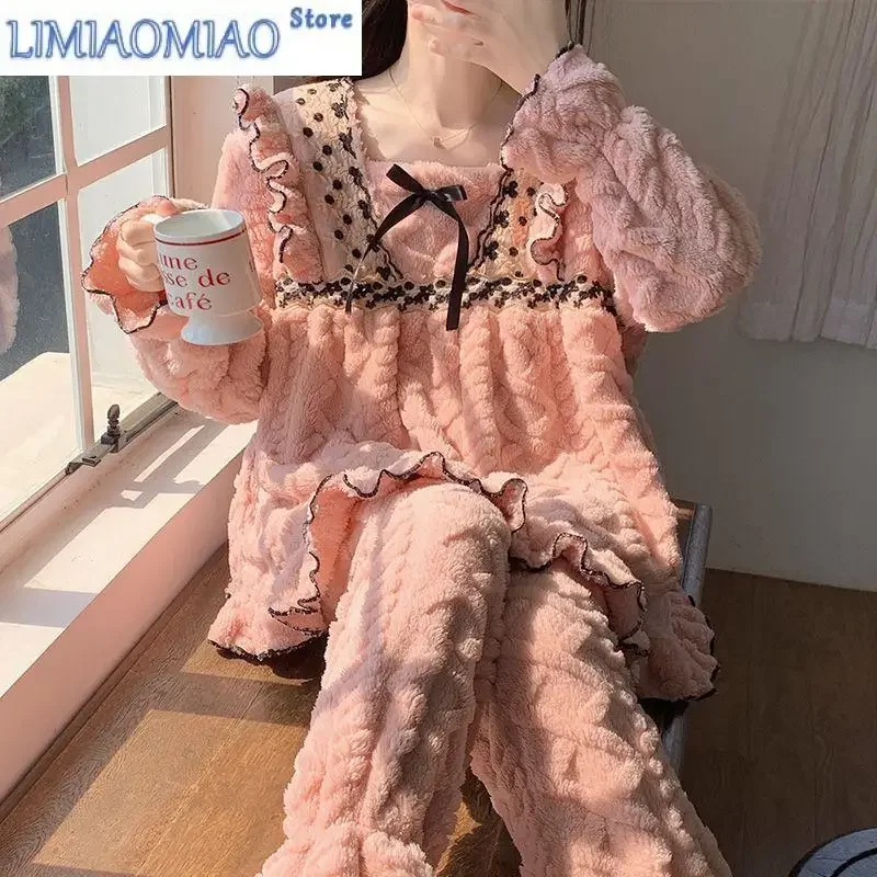 

New Autumn Winter Coral Velvet Pajamas Set for Women Warm Korean Fashion Thick Cheap Wholesale Women's Clothing