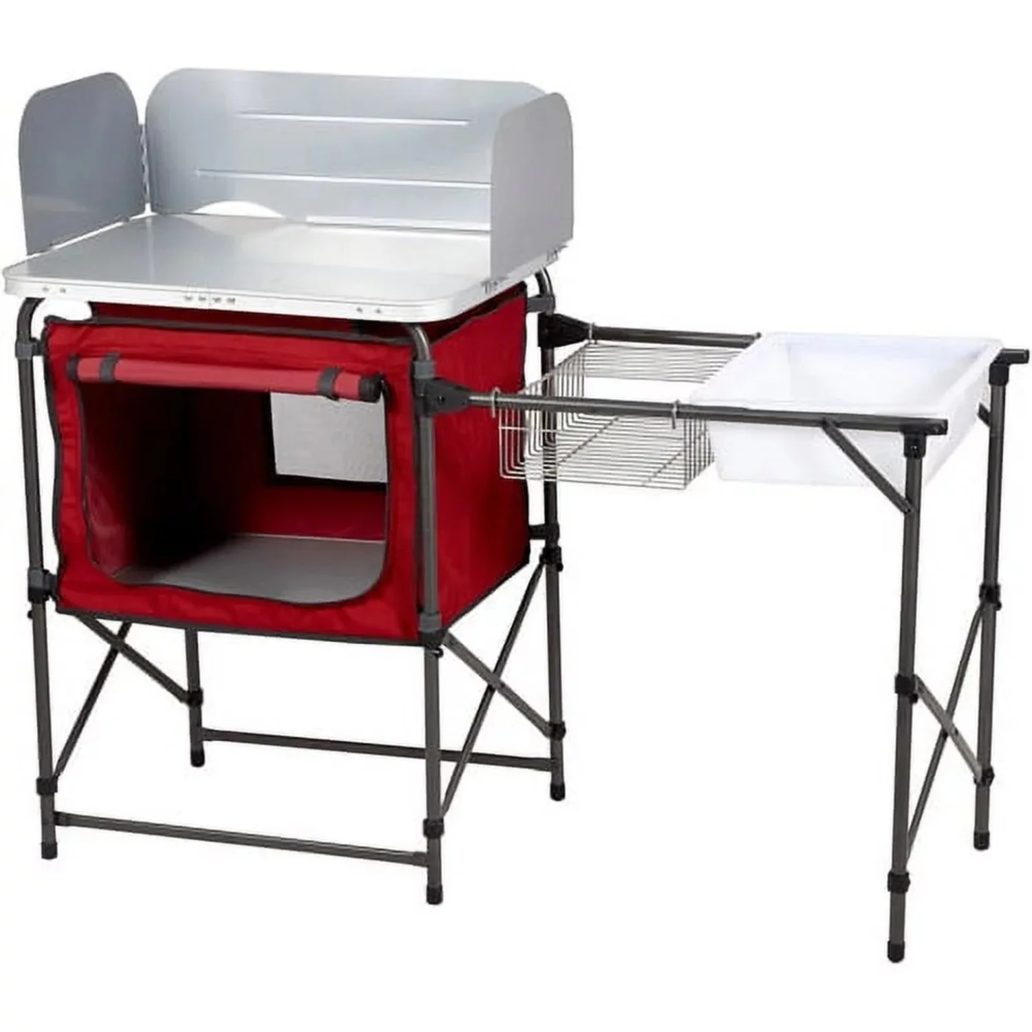 

Ozark Trail Deluxe Camping Kitchen with Storage, Silver and Red, 31 Height" x 13 width" x 8.25 length"