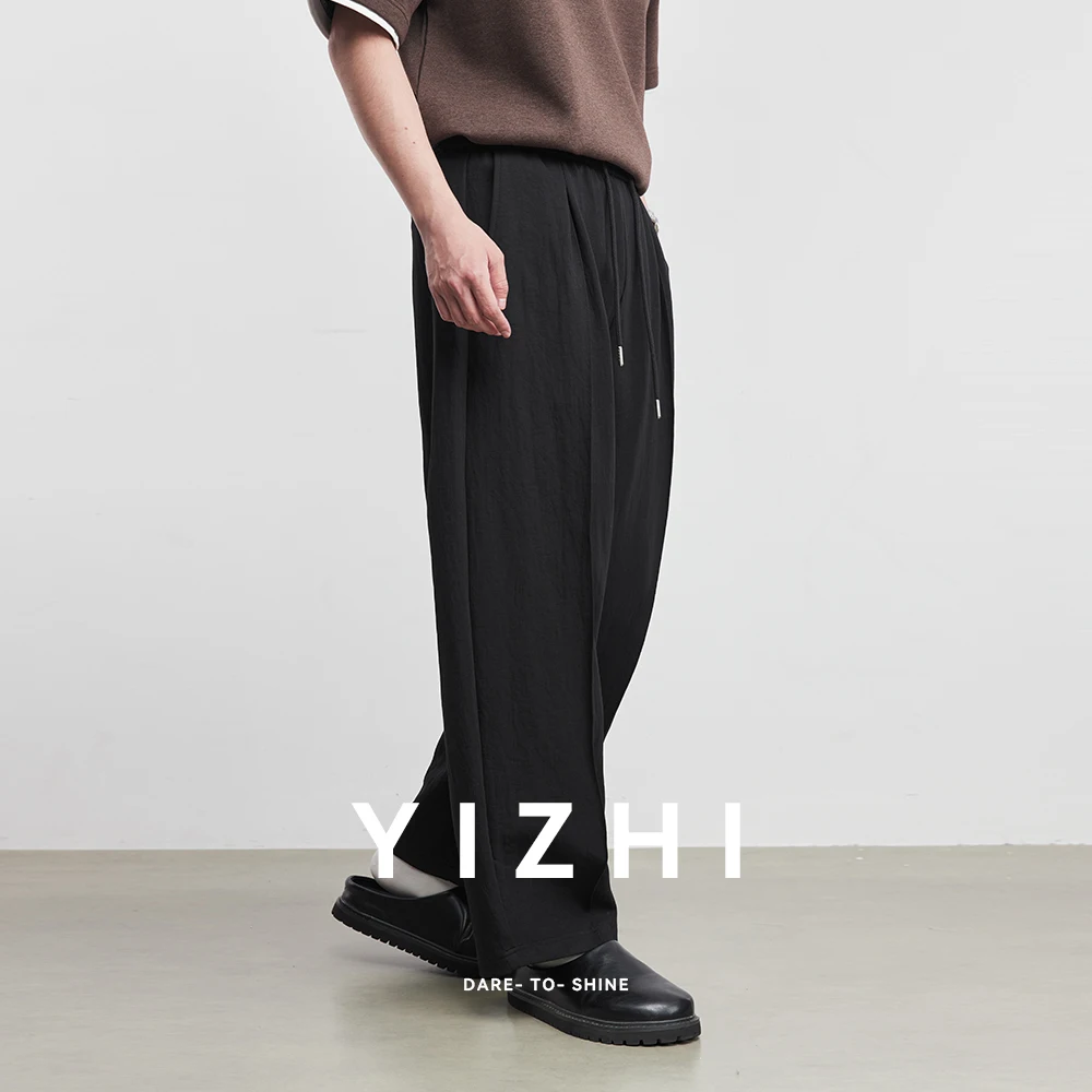 

Fashion Men's Drawstring Textured Wide Leg Pants Men's 2026 Spring New Retro Loose Solid Color Straight Casual Pants