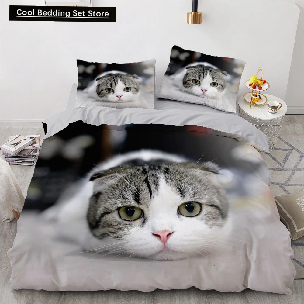 

3D Cat King Queen Duvet Cover Lovely Grey White Kitty Bedding Set for Kids Teens Adults Scottish Fold Soft 2/3pcs Quilt Cover