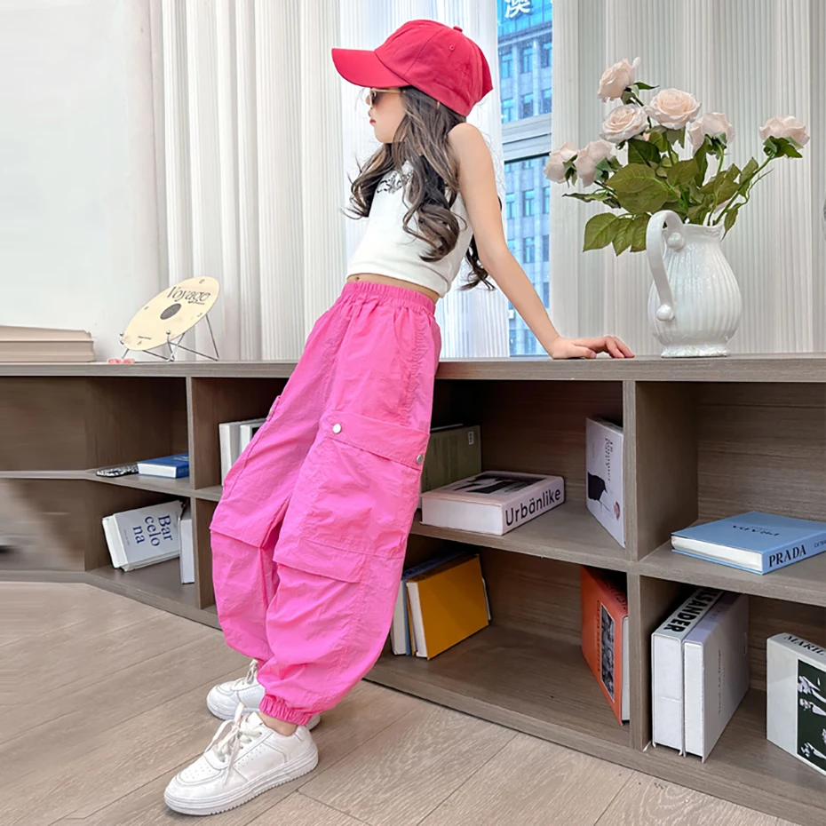 Girls Cargo Pants Solid Color Trousers Girl Spring Autumn Children Trousers Casual Style Girl Clothes 6 8 10 12 14