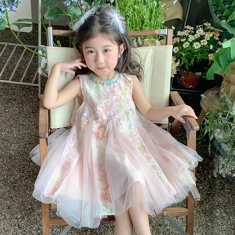 

2025Girls Summer New Style Embroidered Butterfly Sleeveless High Quality Dress