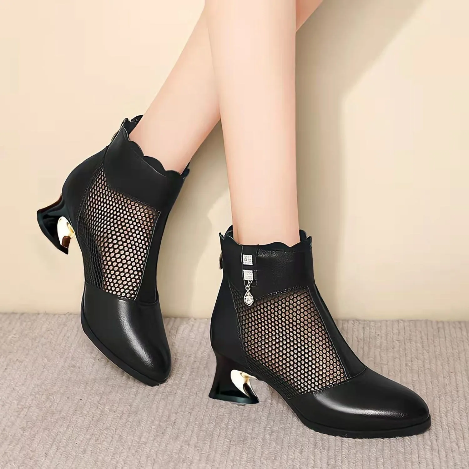 Fashionable Leather Mesh Sandals Women's mid Heel Breathable Soft Bottom Anti-Slip round Toe Thick Heel Summer Cool Boots