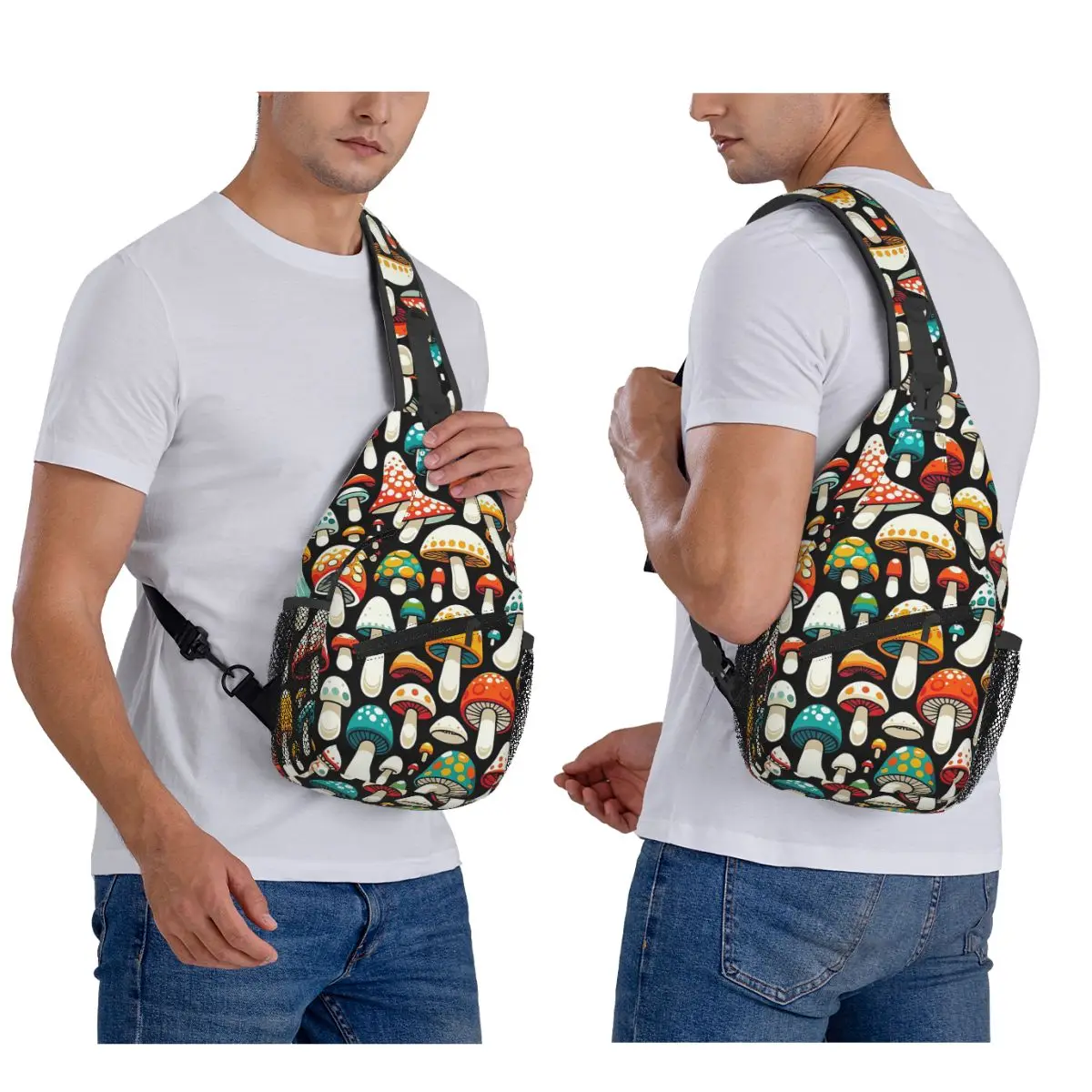 

Mushroom Pattern Enchanted Forest Fungi Chest Bag Men Sling Crossbody Backpack Chest Bag Traveling Hiking Daypack Shoulder Bag