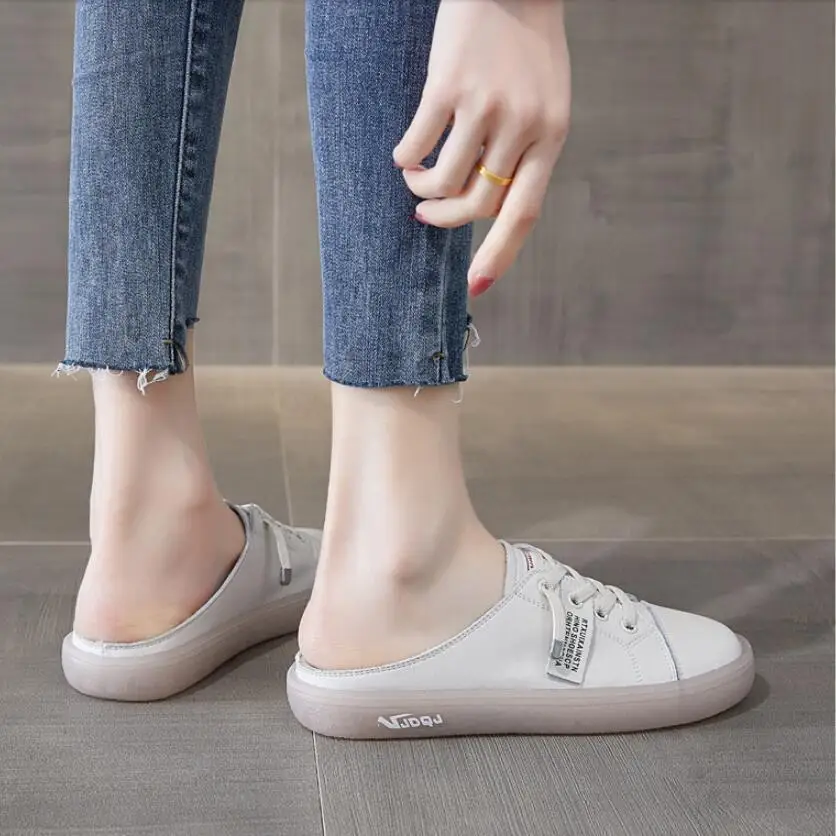 Shoes Job Off White Summer 2024 Mules Slides Leather Women\'s Slippers and Ladies Sandals Junior Low Heel Round Toe Casual Shoe Y