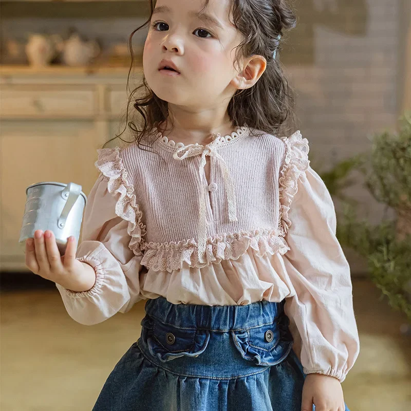

Blouses Autumn Korean Children Clothing Girl Lace Embroidery Flower Edge Puff Sleeve Shirt Simple 2025 Sweet Fashion
