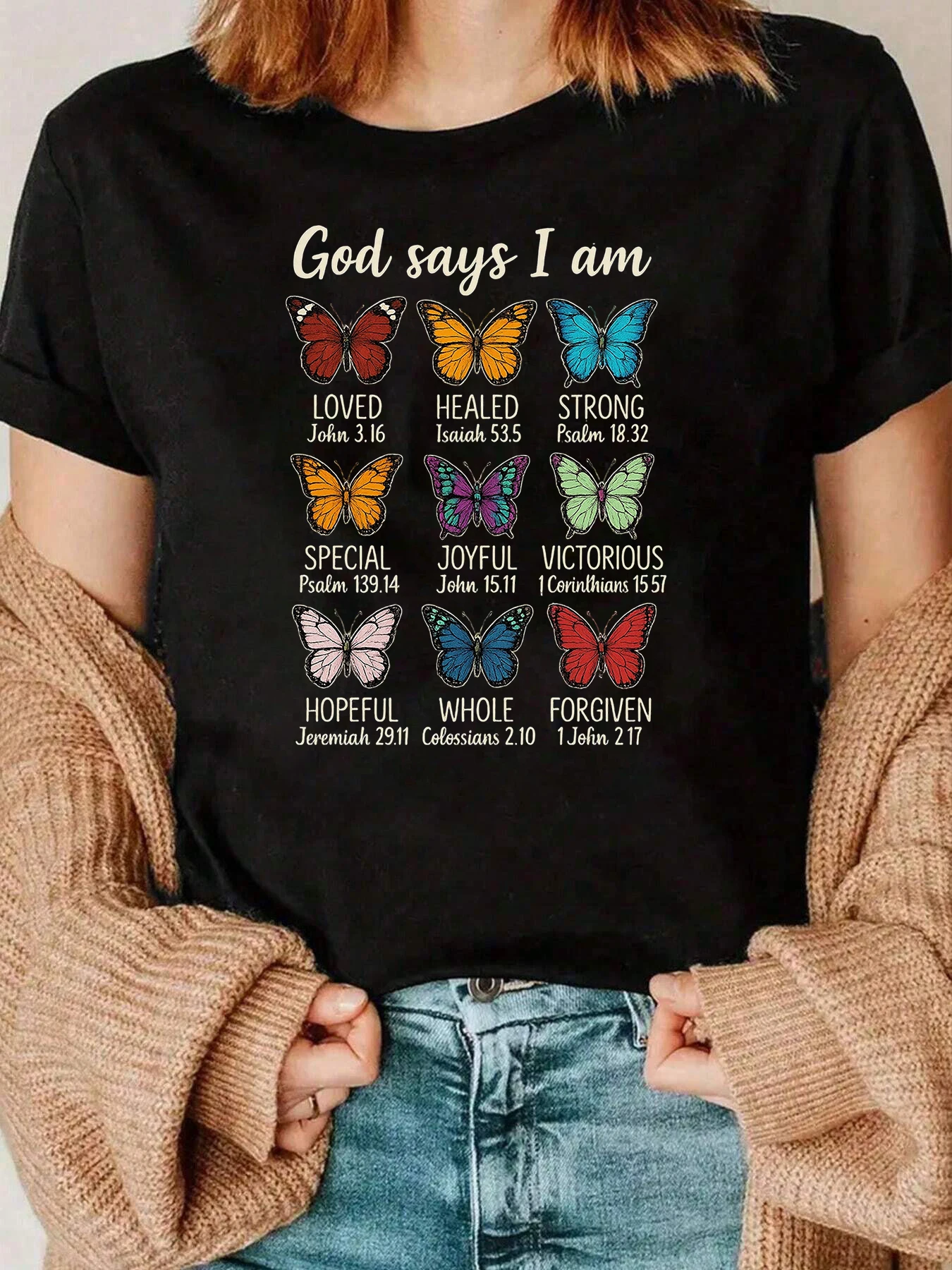 

Butterfly Scripture God Says I Am T Shirt Easter Christian Women Casual Wear 220g