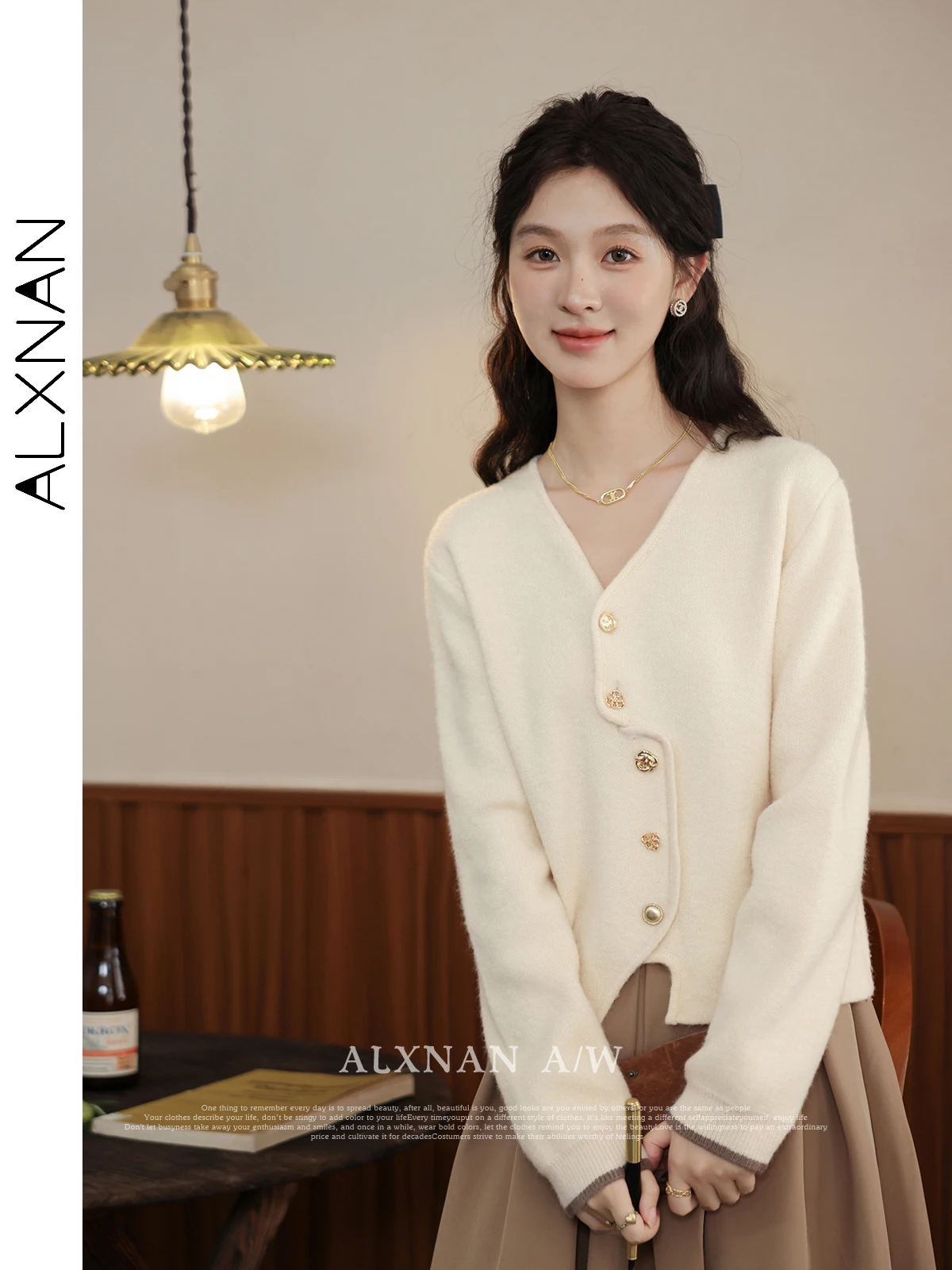 

ALXNAN Women's Temperament V-neck Cardigan Irregular Hem Special-shaped Button Contrast Color Cuff 2024 Fall Winter Top LXN31890