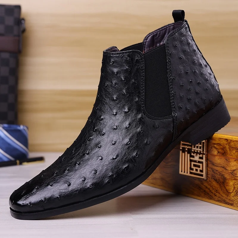 

Retro Embroidered Square Toe Mid-Calf Boot Men's Large Size Knight Boot Ostrich Pattern Chelsea Boot Korean Style Low Heel