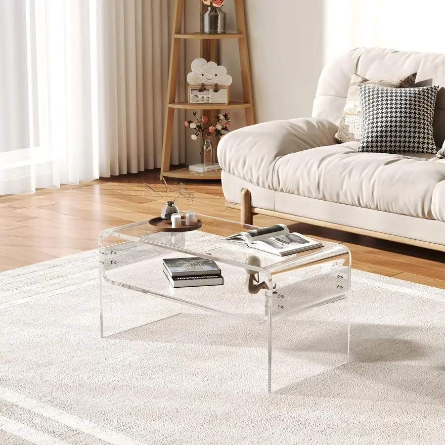Coffee Table, Clear Rectangle Side Table Furniture, Modern Tea Table With Open Storage, End Table for Living Room, Office Recept