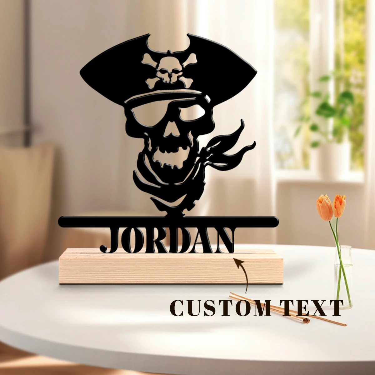 1pc Customizable Wrought Iron Desktop Decoration Customizable Content With Wooden Base Art Decoration, Desktop Decoration