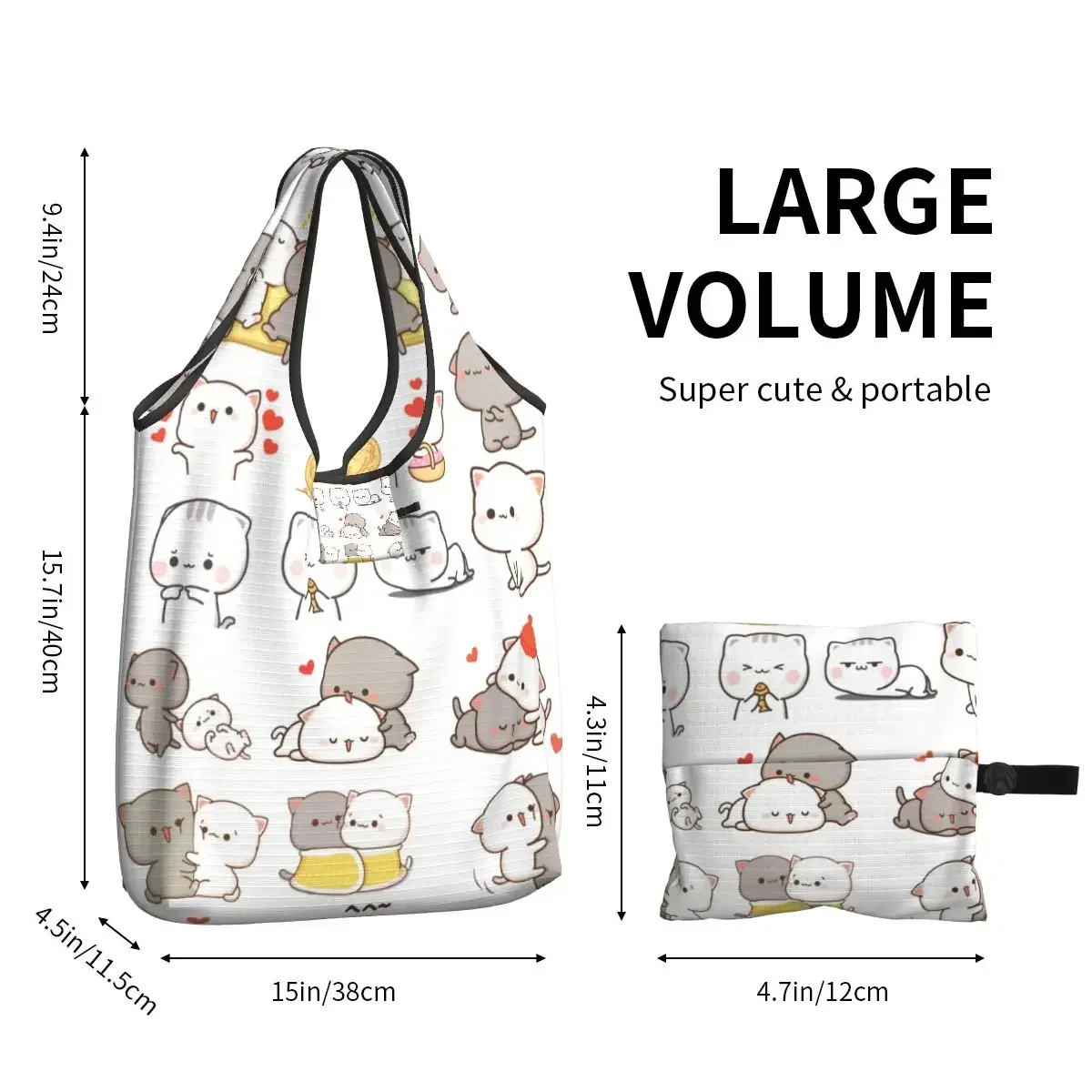 Grande reutilizável bonito pêssego e mercearia Goma sacos, Reciclar dobrável Cartoon Mochi Cat Sacola de compras, Leve lavável