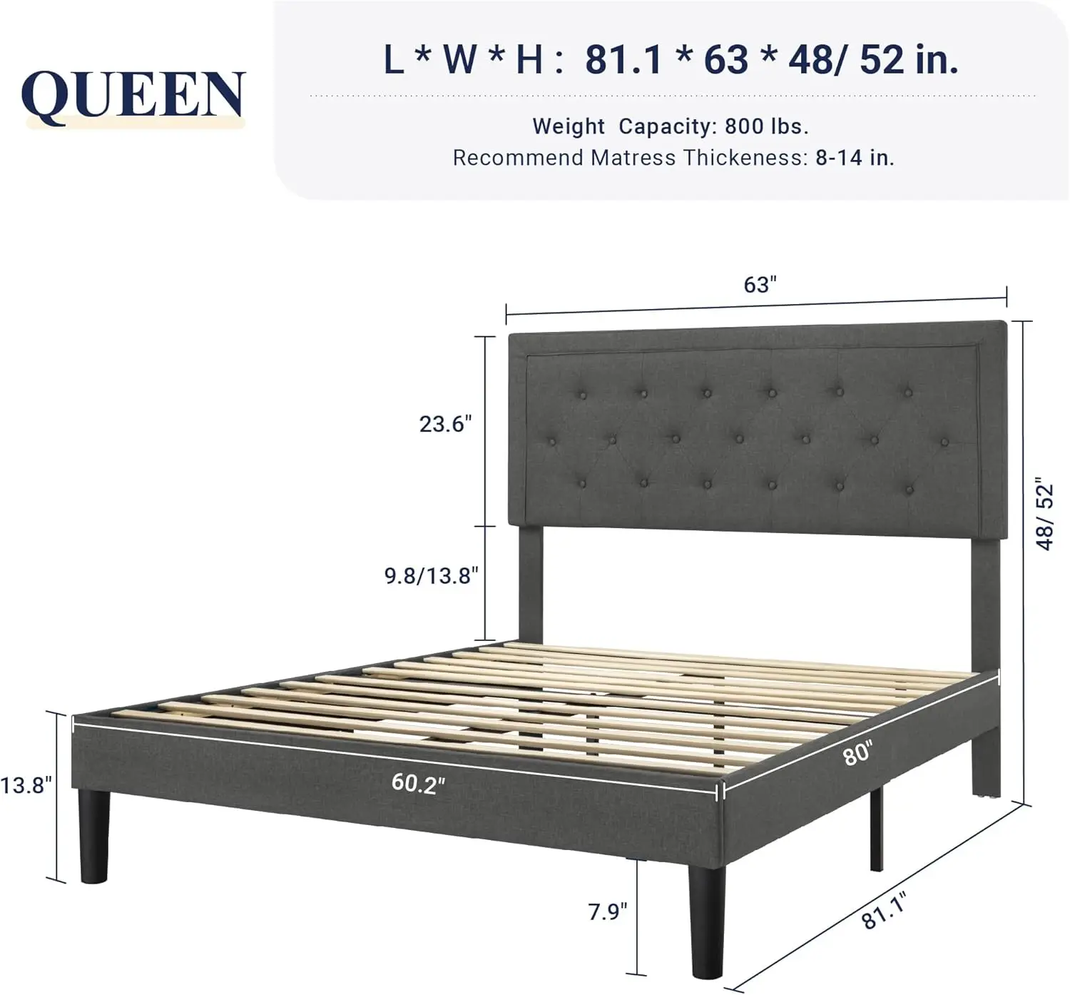 Size Button Tufted Platform Bed Frame/Fabric Upholstered Bed Frame with Adjustable Headboard/Wood Slat Support/Mat