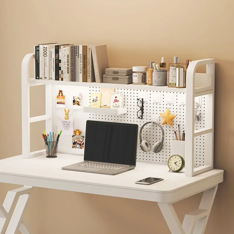 

Minimally Modern Office Desk with Multi Layer Wrought Iron Storage Rack Student Home Computer Desktop Perforated Board Bookshelf